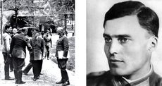 Linkes Bild zeigt Stauffenberg mit Hitler im FÃ¼hrerhauptquartier, rechtes Bild zeigt Stauffenberg im PortrÃ¤t