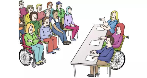 Grafik: Eine Versammlung von Menschen vor einem Tisch mit drei Personen