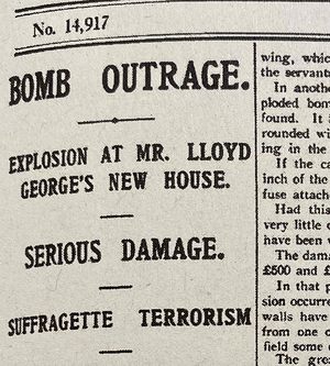 Bericht über die landesweiten Bomben- und Brandstiftungskampagne in London. Ausschnitt aus der Zeitung Pall Mall Gazette, 13. Februar 1913 Bericht über die landesweiten Bomben- und Brandstiftungskampagne in London. Ausschnitt aus der Zeitung Pall Mall Gazette, 13. Februar 1913