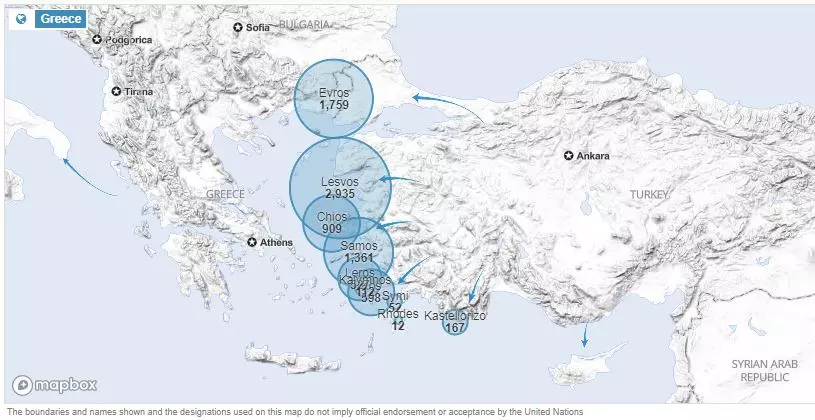 Ãœbersicht Ã¼ber die Fluchtbewegung im Jahr 2020 nach Griechenland. Registrierte AnkÃ¼nfte. Stand: 02.03.2020. Quelle: UNHCR, data portal, CC-BY.
