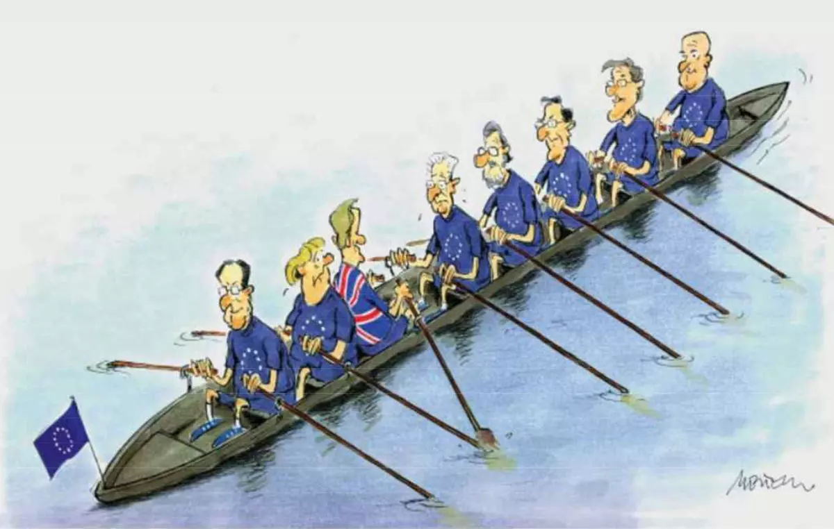 Karikatur â€žUnd eins, und zwei, und ...?..." Alle sitzen in einem Boot und rudern in die eine Richtung, nur ein Ruderer mit einer britischen Flagge rudert in die andere Richtung. Â© Gerhard Mester, 2013 