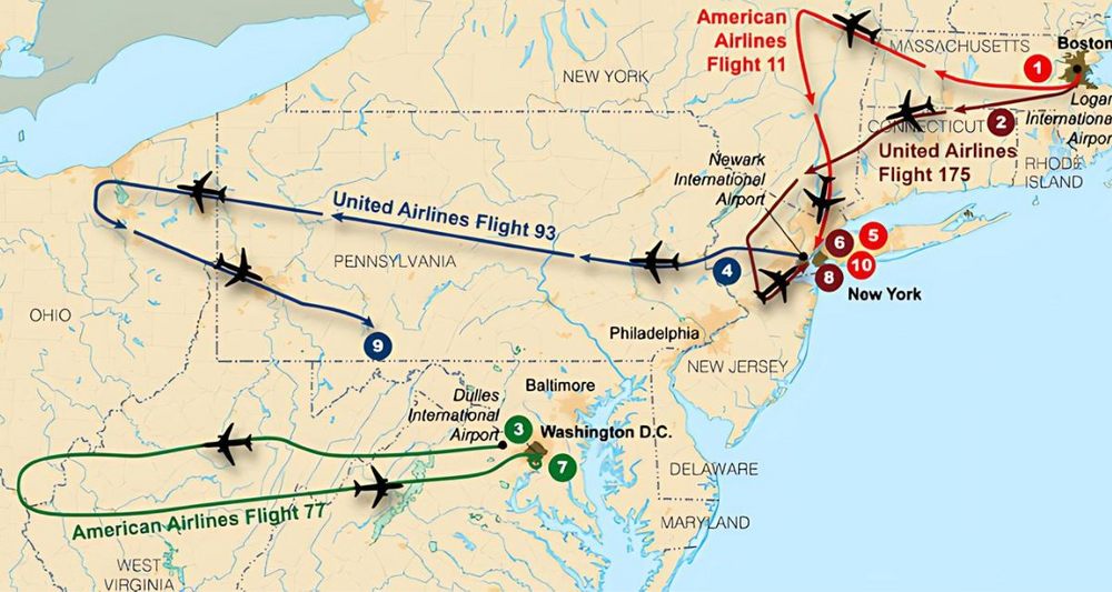 Flugrouten der vier Flugzeuge am 11. September 2001. Grafik: FBI, wikimedia (gemeinfrei) Flugrouten der vier Flugzeuge am 11. September 2001. Grafik: FBI, wikimedia (gemeinfrei)