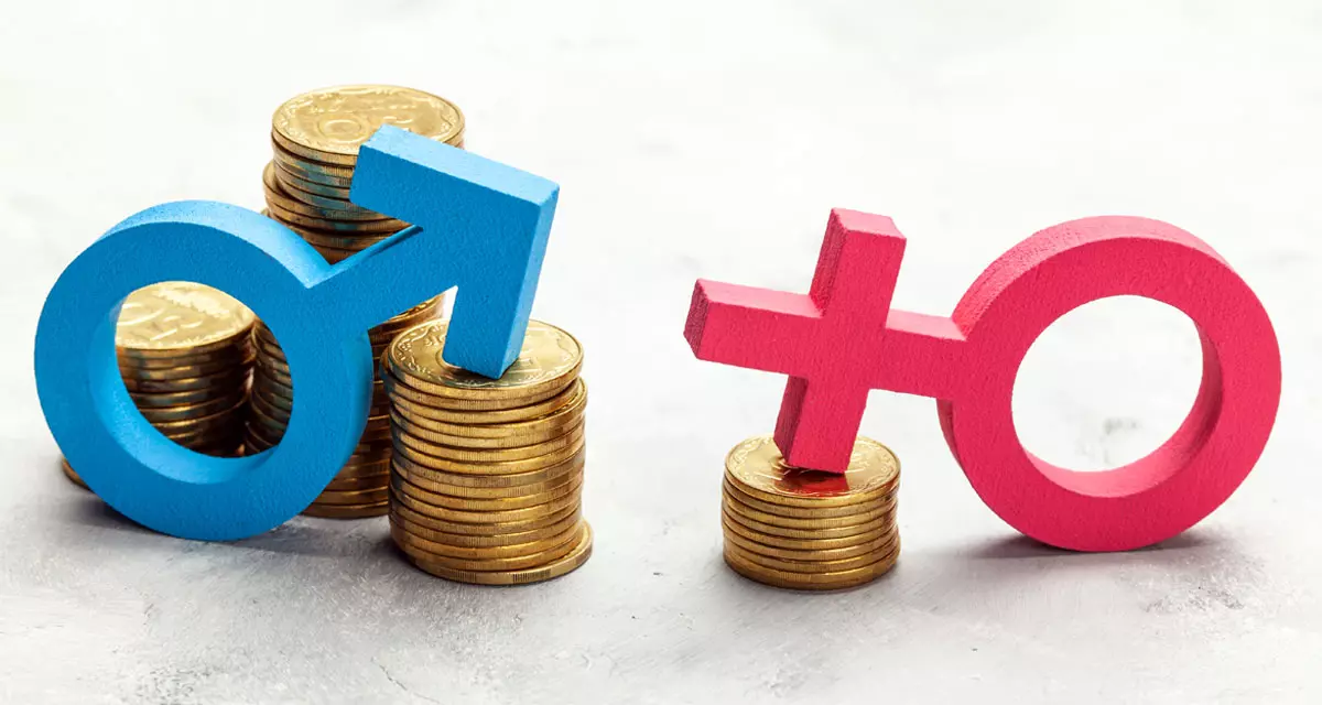Equal Pay Day. Ein groÃŸer Stapel MÃ¼nzen mit einem Symbol fÃ¼r Mann und ein kleiner Stapel mit einem Symbol fÃ¼r Frau. Foto: Adobe Stock | adragan