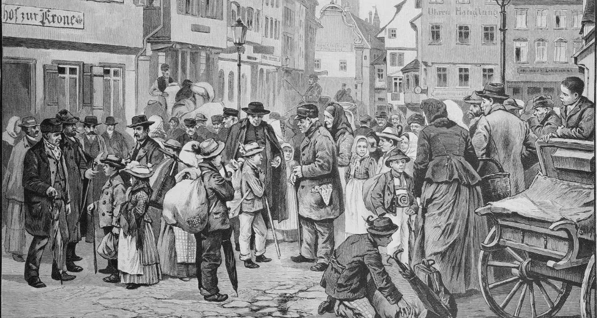 Der Stich aus der Zeitschrift â€žDie Gartenlaubeâ€œ aus dem Jahr 1895 zeigt das Vermieten der Tiroler Schwabenkinder in Ravensburg. Â© Wikimedia Commons | gemeinfrei