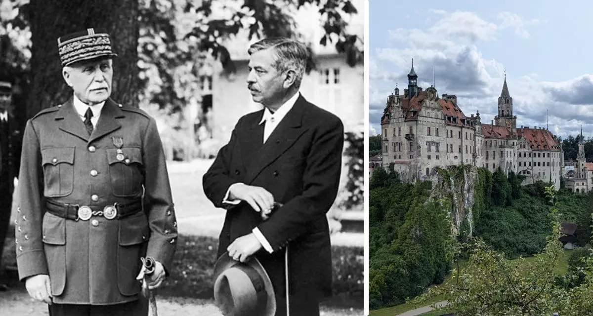 Bildcollage: PÃ©tain und Laval neben dem Hohenzollernschloss Sigmaringen. 