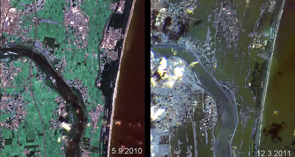Satelitenbilder eines KÃ¼stenabschnitt in Japan, in dem zerstÃ¶rte Siedlungen durch den Tsunami des TÅhoku-Erdbeben erkennbar sind. Quelle: wikimedia.org/Deutsches Zentrum fÃ¼r Luft- und Raumfahrt, Rapid Eye; DLR, CC-BY 3.0.