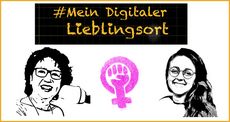 Podcast #meinfeministischerdigitalerLieblingsort!: Episode 12. Zeichnung: KÃ¶pfe Birgit WÃ¤chter, Henriette Gaus + rosa Frauenzeichen.