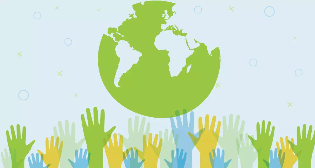 GrÃ¼ne Weltkugel, darunter bunte HÃ¤nde.