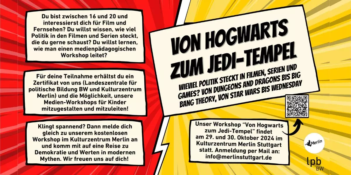 Grafik zum Workshop "Vom Hogwarts zum Jedi-Tempel" â€“ Eine Reise zu Demokratie und Werten in modernen Mythen Qualifizierungs-Workshop fÃ¼r Jugendliche ab 16 Jahren