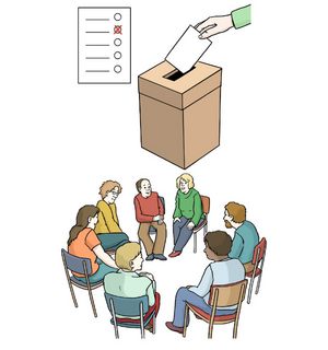 Grafiken: Wählen gehen und Gesprächsrunde Grafiken: Wählen gehen und Gesprächsrunde
