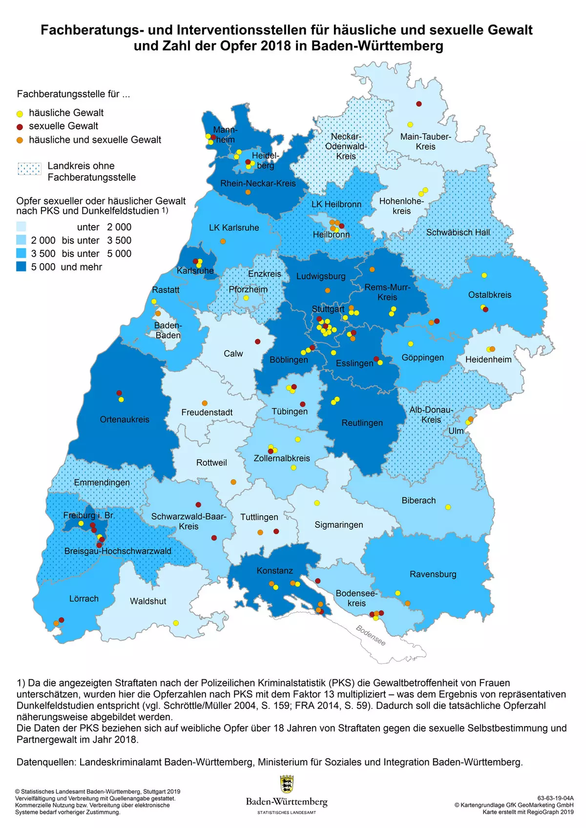 Beratungsstellen fÃ¼r hÃ¤usliche und sexuelle Gewalt in Baden-WÃ¼rttemberg. Quelle: Statistisches Landesamt Baden-WÃ¼rttemberg, GesellschaftsReportBW 2019 (Karte nicht barrierefrei).