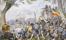 Deutsche Revolution 1848/1849. Gefecht bei Kandern, 20. April 1848. ZeitgenÃ¶ssische Lithographie. Foto: Wikimedia (gemeinfrei) 