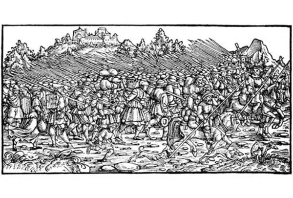 Bewaffnete Bauern um 1525, Holzschnitt von Froschauer. Foto: Robert Bothner, Quelle: Landesmedienzentrum Baden-WÃ¼rttemberg.