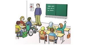 Grafik: In der Schule Grafik: Ein Lehrer unterrichtet eine Schulklasse