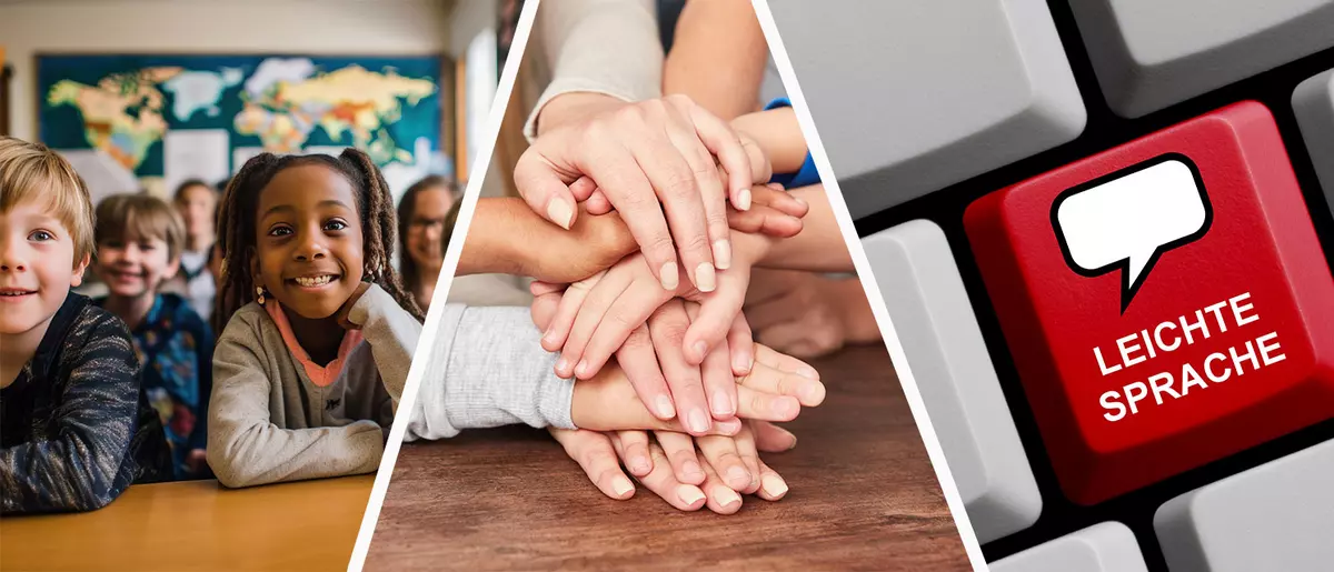 Symbolbilder fÃ¼r Grundschule, SonderpÃ¤dagogische Bildungs- und Beratungszentren (SBBZ) / Symbol: HÃ¤nde und Leichte Sprache. Fotos: Adobe Stock (Grundschulkinder KI generiert)