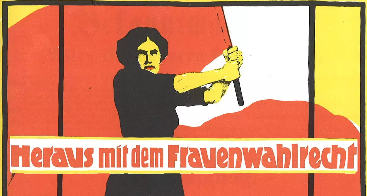 Ausschnitt aus dem Plakat "Heraus mit dem Frauenwahlrecht" zum Frauentag am 8. MÃ¤rz 1914. Quelle: Wikimedia | Karl Maria Stadler, gemeinfrei. 