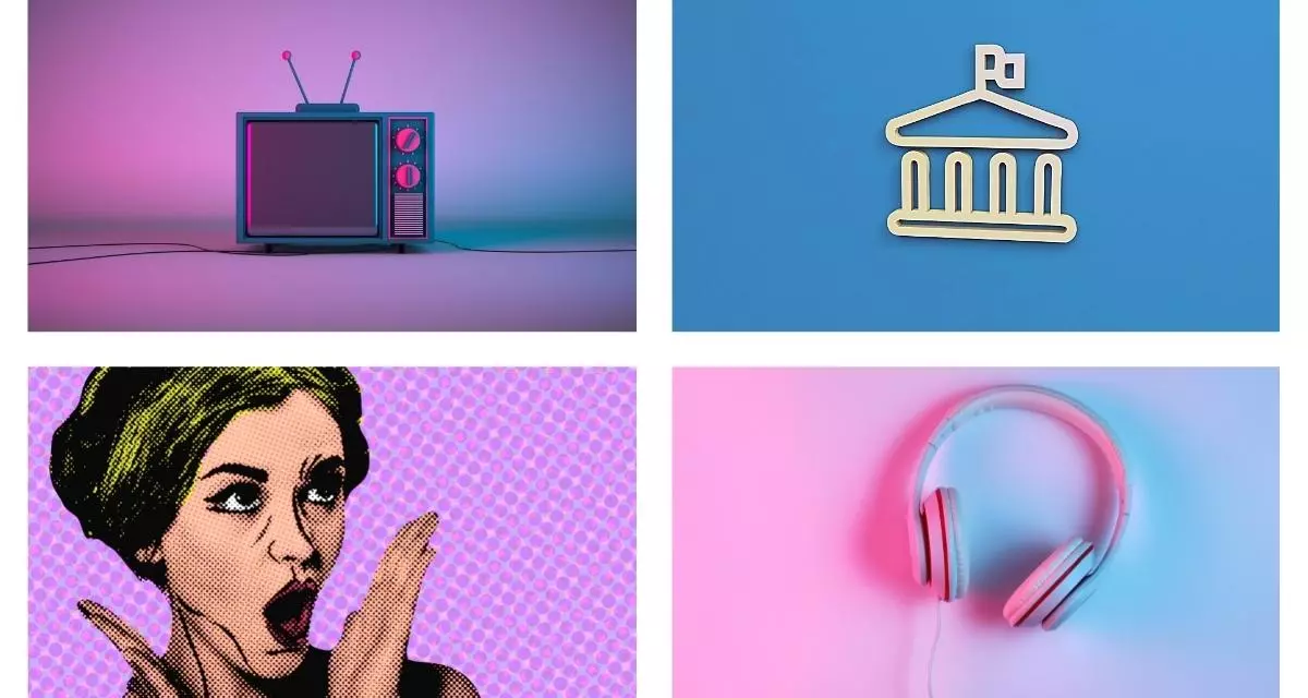 Collage aus Fotos von Fernseher, RegierungsgebÃ¤ude, Pop Art und KopfhÃ¶rer - In welchem VerhÃ¤ltnis stehen Politik und Popkultur?