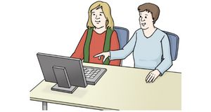 Grafik: Ein Mensch bekommt Hilfe am PC Grafik: Ein Mensch bekommt Hilfe am PC