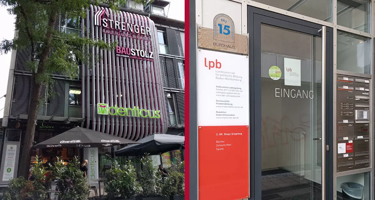 AuÃŸenstelle Ludwigsburg, MyliusstraÃŸe 15, 71638 Ludwigsburg. Der Eingang befindet sich in der Passage zwischen der BÃ¤ckerei TrÃ¶lsch und dem GebÃ¤ude mit denticus. 