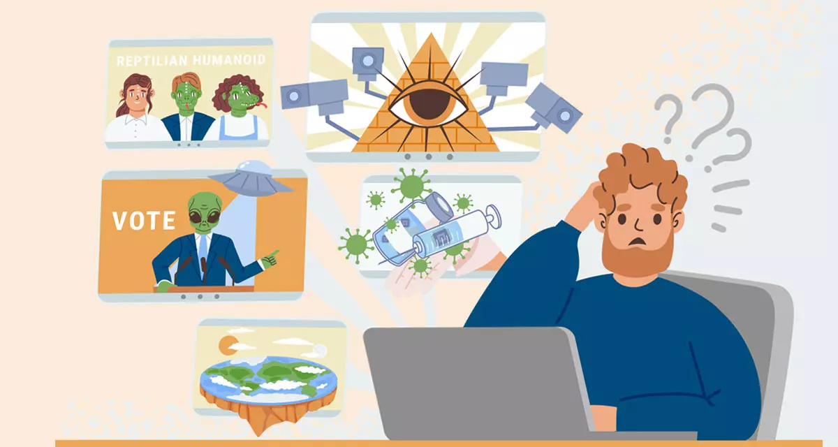 Mann am Schreibtisch denkt Ã¼ber die verschiedenen VerschwÃ¶rungstheorien nach. Grafik: Adobe Stock | WinWin