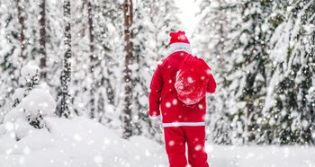 Weihnachtsmann wandert durch verschneiten Wald. Foto: Adobe Stock | candy1812
