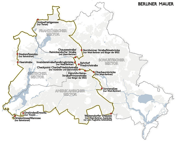 Lage und Verlauf der Berliner Mauer bis 1989. Lage und Verlauf der Berliner Mauer bis 1989.