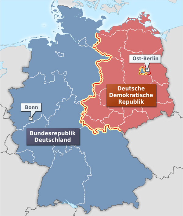 Karte der Innerdeutschen Grenze und der Bundesländer der BRD und Bezirke der DDR. Quelle: Wikimedia / Alexrk2, CC BY-SA 3.0. Karte der Innerdeutschen Grenze und der Bundesländer der BRD und Bezirke der DDR. Quelle: Wikimedia / Alexrk2, CC BY-SA 3.0.