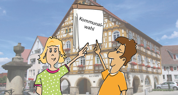 Grafik: Kommunalâ€¢wahl vor einem Rathaus