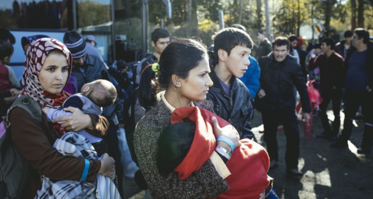 Ankunft von einem Bus mit FlÃ¼chtlingen an der Grenze zu Ã–sterreich, 2015. Foto: picture alliance/imageBROKER/Florian Bachmeier.