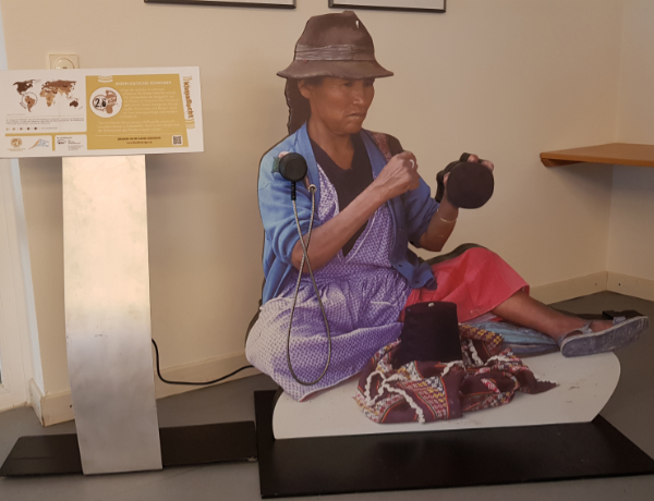 Verkäuferin aus Bolivien aus der Wanderausstellung „Klimaflucht“ der Deutschen Klimastiftung. Foto: LpB BW Verkäuferin aus Bolivien. Foto: LpB BW