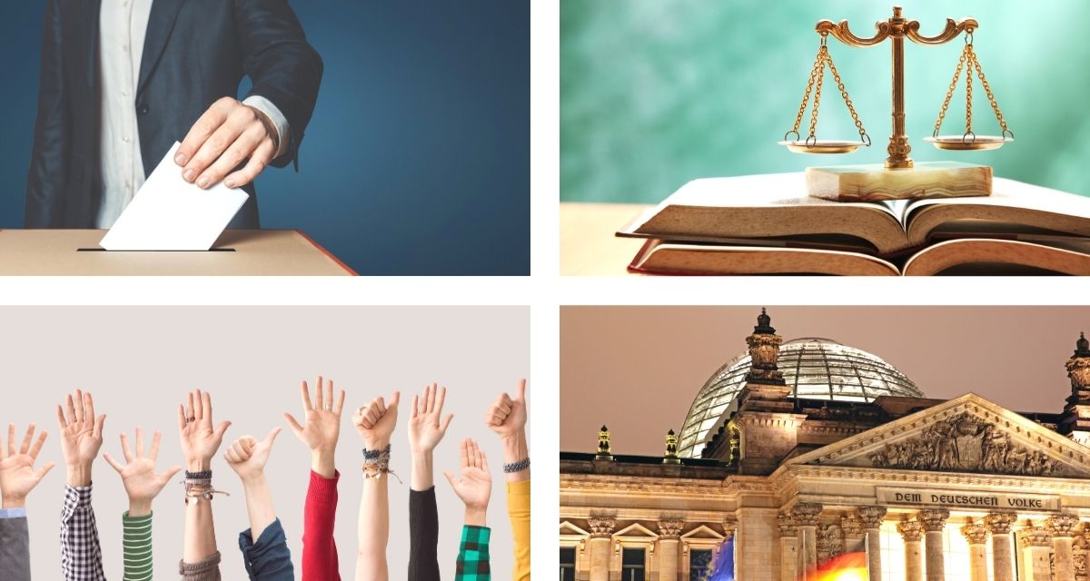 Symbolbilder fÃ¼r Demokratie: Wahlen, Gericht, Bundestag. Fotos und Grafik: via Canva. 