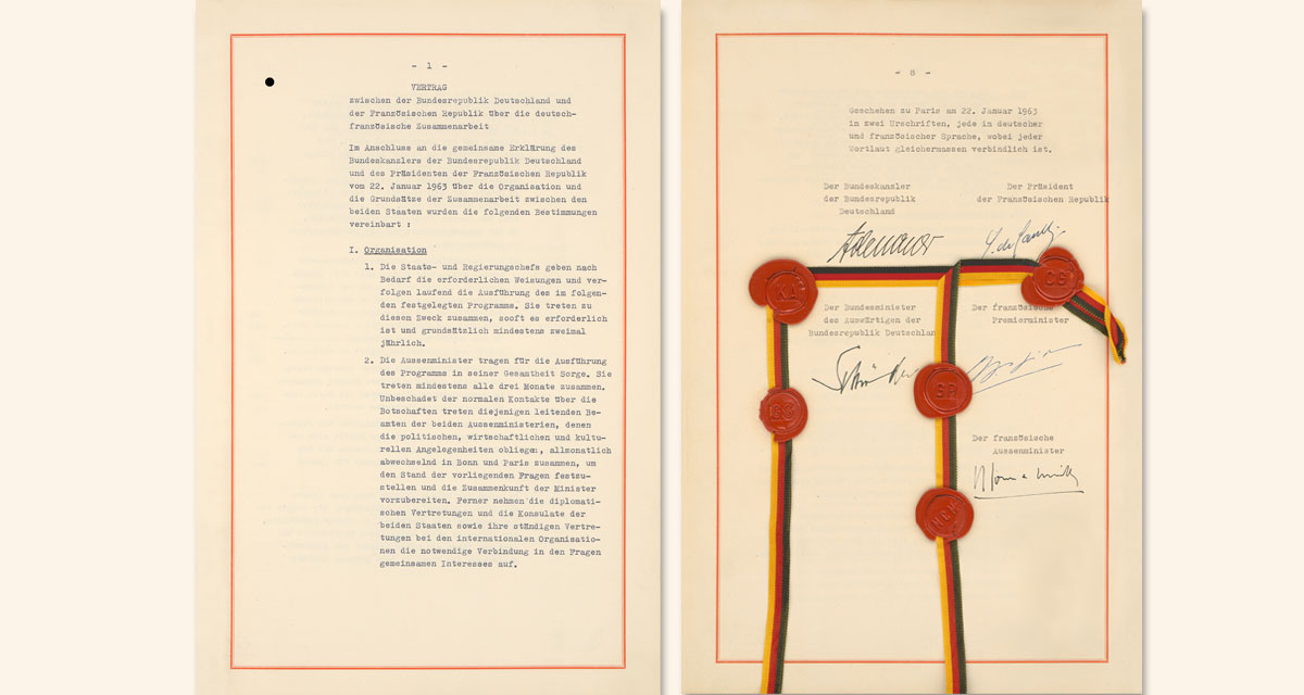 Der Elysée-Vertrag: Faksimile der Urschrift in deutscher Sprachfassung. © Auswärtiges Amt, Politisches Archiv (https://archiv.diplo.de/arc-de/das-politische-archiv/das-besondere-dokument/-/1496840) Der Elysée-Vertrag: Faksimile der Urschrift in deutscher Sprachfassung. © Auswärtiges Amt, Politisches Archiv (https://archiv.diplo.de/arc-de/das-politische-archiv/das-besondere-dokument/-/1496840)
