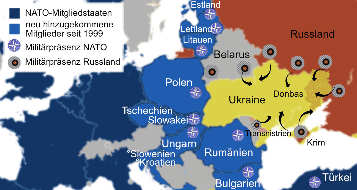 Hauptstreitpunkt im aktuellen Konflikt: Eine mÃ¶gliche weitere Osterweiterung der NATO sowie generell die MilitÃ¤rprÃ¤senz der NATO/USA in Osteuropa. Abbildung: San Jose, Wikipedia, gemeinfrei. Ãœberarbeitet von der Internetredaktion der LpB BW.