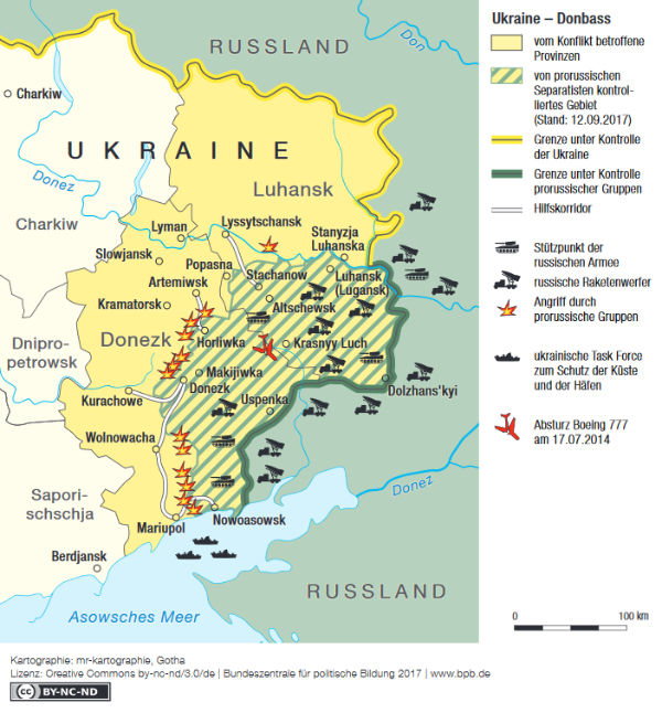 Ukraine - Donbass. Lizenz: by-nc-nd/3.0/de mr-kartographie, GothaLizenz, Bundeszentrale für politische Bildung 2017 Ukraine - Donbass. Lizenz: by-nc-nd/3.0/de mr-kartographie, GothaLizenz, Bundeszentrale für politische Bildung 2017